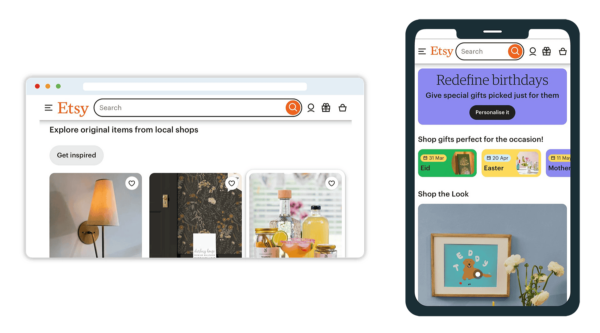 The desktop and mobile version of Etsy's website