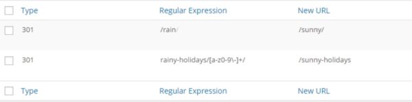 example screenshot of showing the difference between normal redirect and regex redirect.